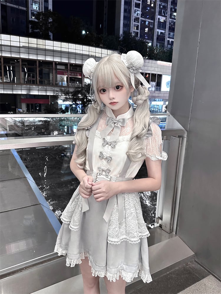 Hairclips Grey Bowknot Kei White Ruffled Trim Jirai Lace