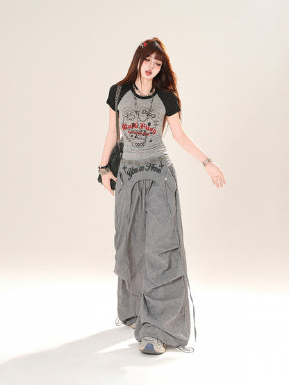 Accessory Pink/Gray Drawstring Wide-Leg Pants with Waist
