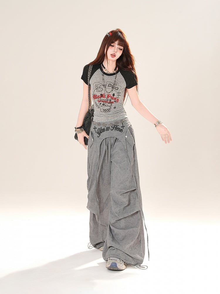 Gray/Pink Colorblock Design Kitty Print T-Shirt