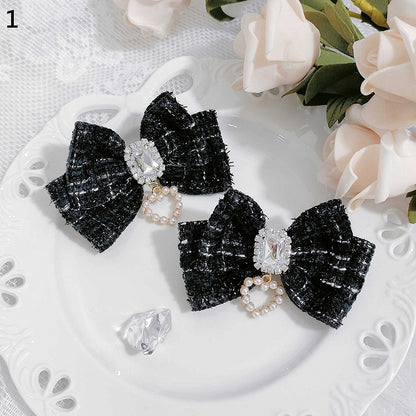 Jirai Kei Beaded Sweetheart Rhinestone Adorned Plaid Bowknot Hairclips