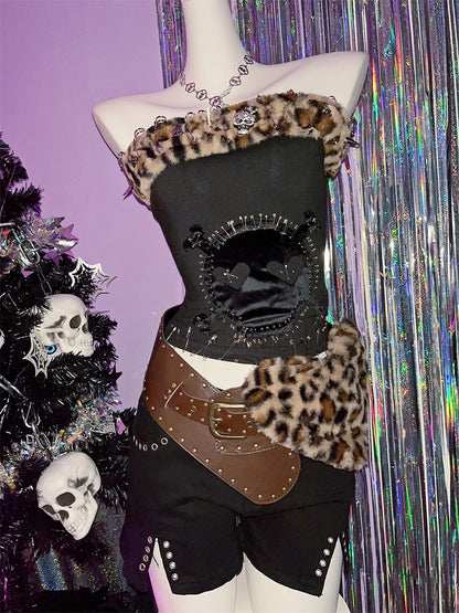 Ceinture à boucle en peluche léopard marron en forme de cœur