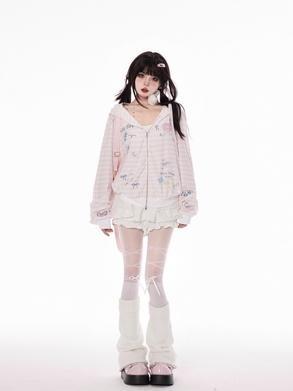 Pink Striped Hooded Jacket Closure Zip Pattern Y2K Autumn Print for
