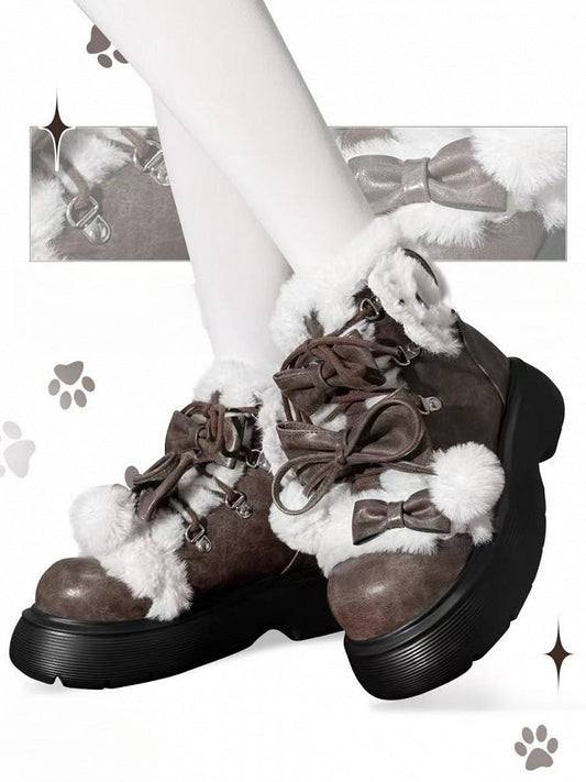 Punk Brown Lolita Bowknot Plush Trim Platform Ankle Boots With Pompons