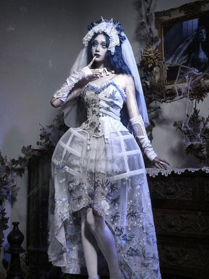 Bride White High-low Tulle Skirt with Blue Black Floral Embroidery