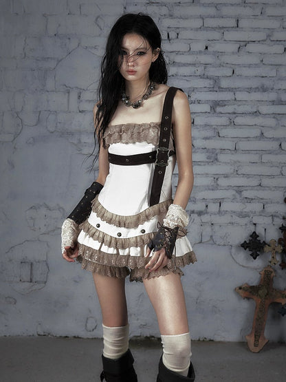 Studded Lace-trimmed Dress with Punk Straps Lace Detachable Overskirt Apricot