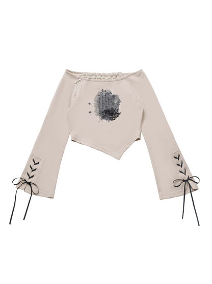 Lace-up + Sleeve + Top Skirt Pants Beige Irregular Wide