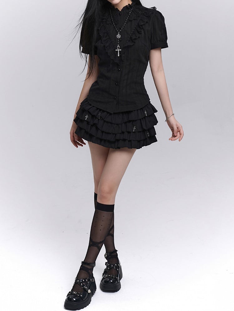 Black Lace Trim Short Sleeves Gothic Blouse