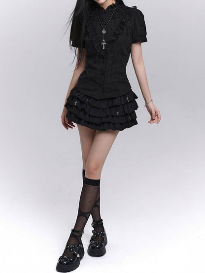 Black Lace Trim Short Sleeves Gothic Blouse
