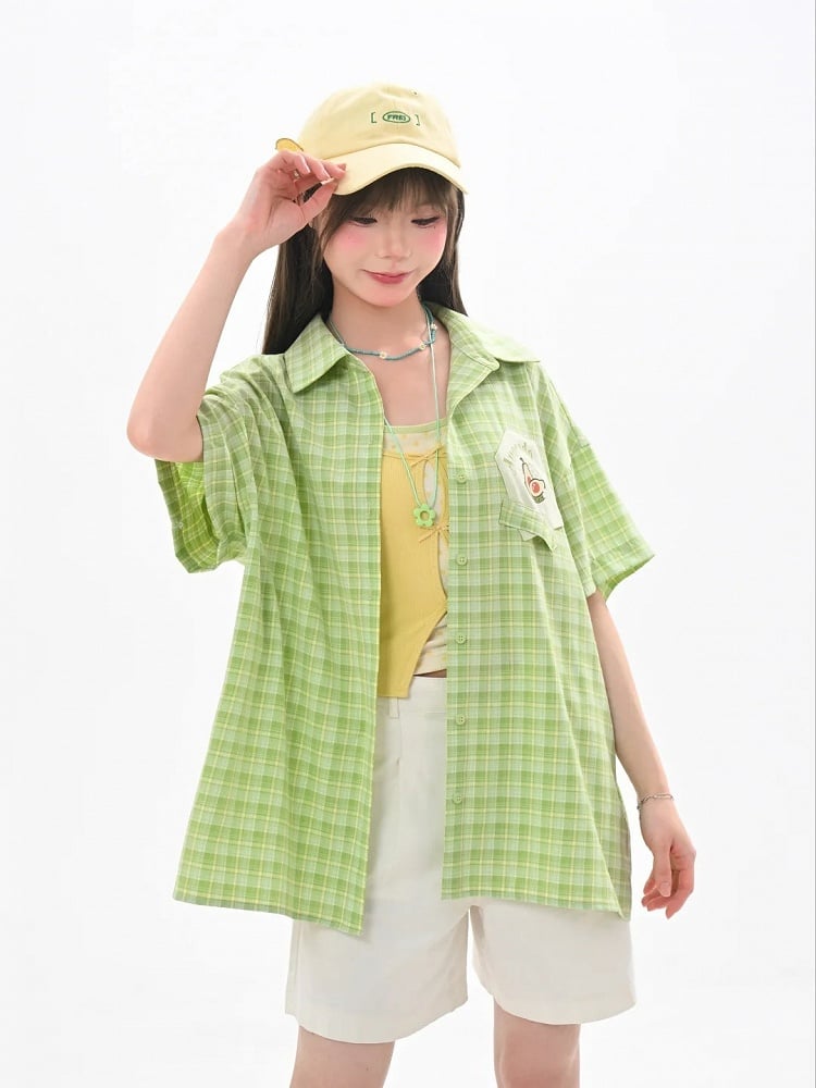Yellow Faux Two-Pieces Cami Top with Green Plaid Shirt Set
