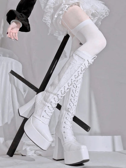 Gothic White Front Lace-up Ties Lace Platform High Block Heel  Knee-high Boots