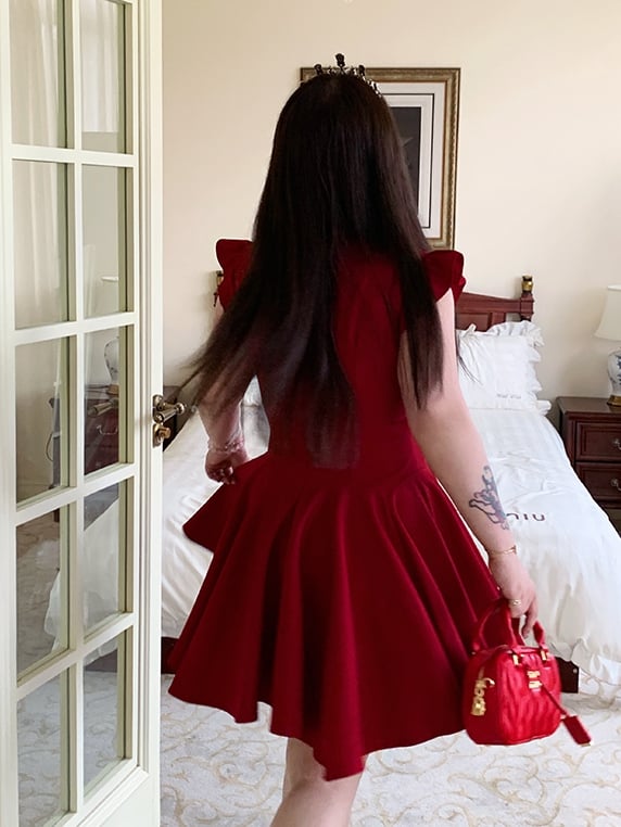 Plus Size V-neck Dress Flutter Sleeves Big Bow Front Red
