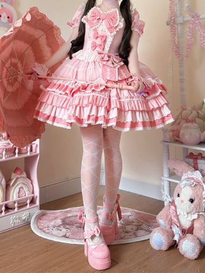 Dress Pink Sweet Lolita Short Piece One Sleeves Bow Accents