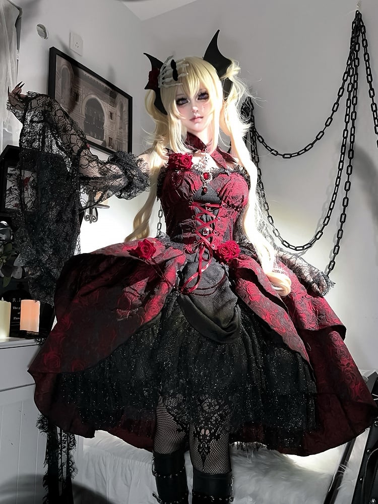 Black and Red Gothic Rosette Fabric High-low Skirt Dress Lolita JSK