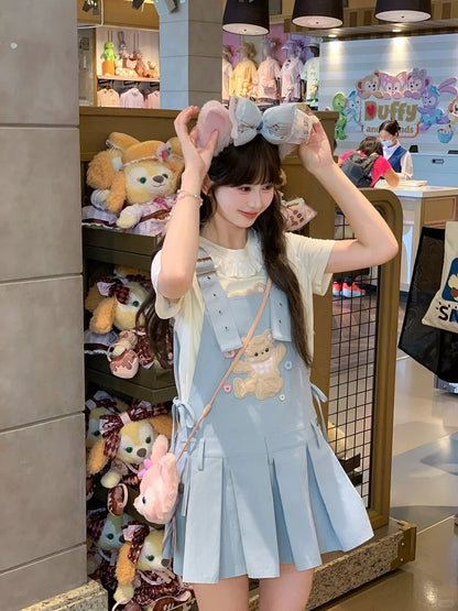 Adjustable Plush Bear Applique Blue Box Pleat Overall Dress Straps Shoulder