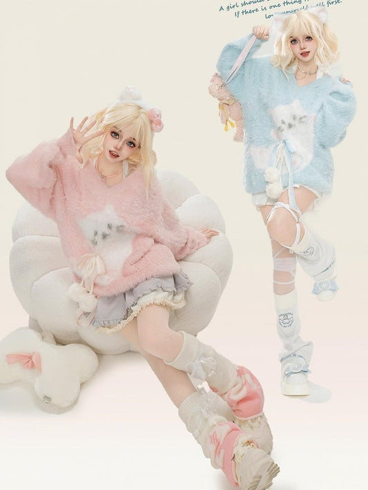 Light Blue/Pink Cute Cat Fuzzy V-Neck Halter Sweater
