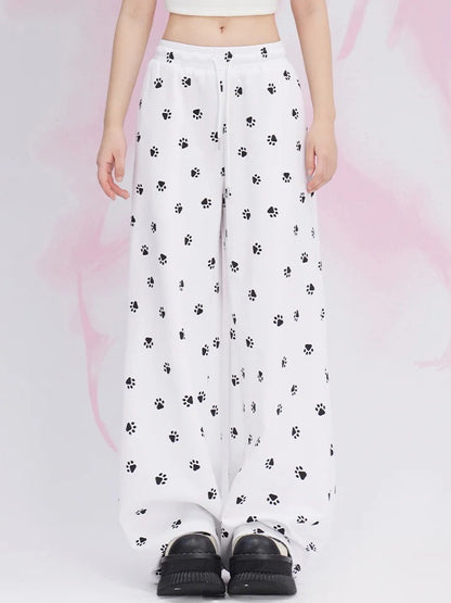 White Cat Paws Allover Straight-leg Cut Casual Pants