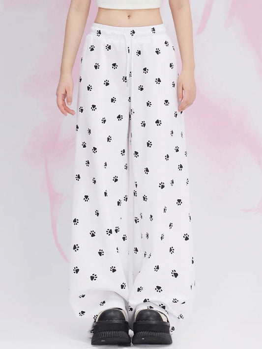 Pantalon décontracté coupe droite à motif pattes de chat blanc