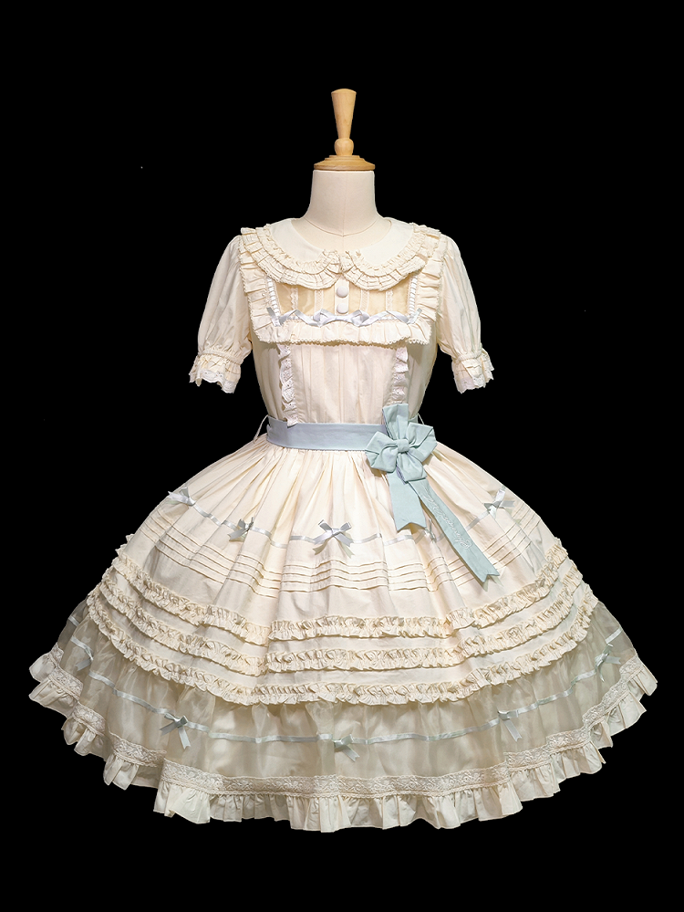Dress Bow Collar Lolita Green Beige Cotton and Mint Pan Accents Peter