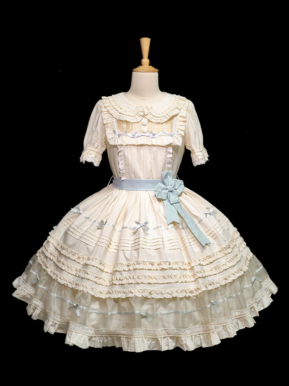 Dress Bow Collar Lolita Green Beige Cotton and Mint Pan Accents Peter