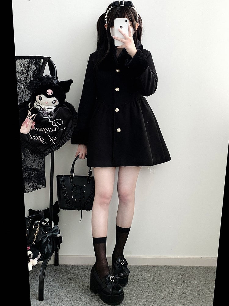 Jirai Kei Pink Landmine Style Woolen Coat with Plush Collar and Cuffs