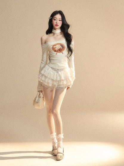 Lamb Print Waist Glamorous Top Patches Apricot Off-the-shoulder Lace Neckline