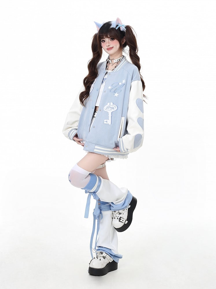 Veste de baseball Yume Kawaii rose/bleu avec appliques clés