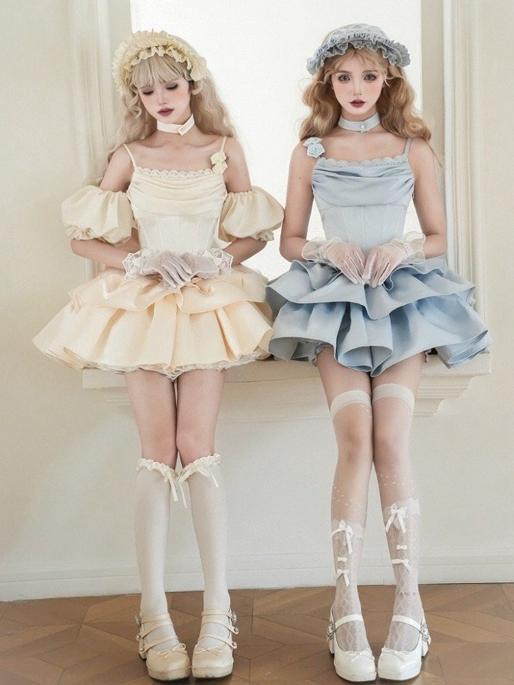 Boned Set JSK Waist Full Straps Elegant Blue Neckline Dress Cowl Spaghetti Lolita