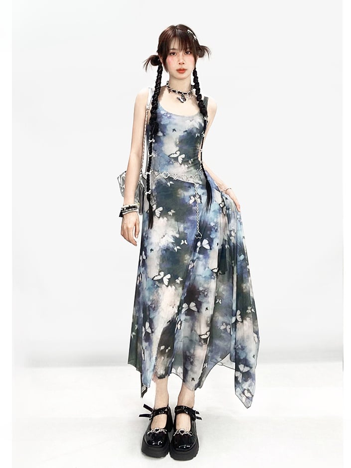 Robe moulante vintage Y2K à imprimé papillon bleu et peinture à l'huile