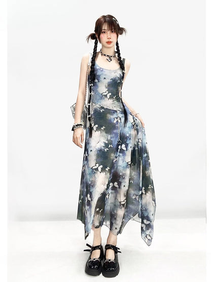 Robe moulante vintage Y2K à imprimé papillon bleu et peinture à l'huile