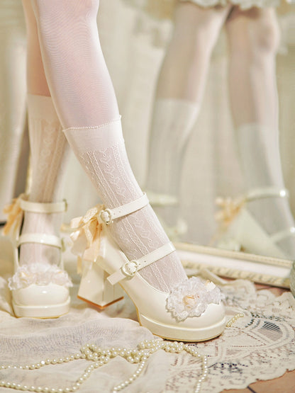 Buckles Trim Heart White Heels Bow at Lace High Top Knotted Block