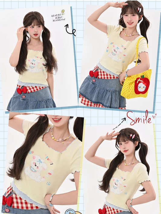 T-Shirt Hem Square Neck Apricot Puppy Print Lettuce