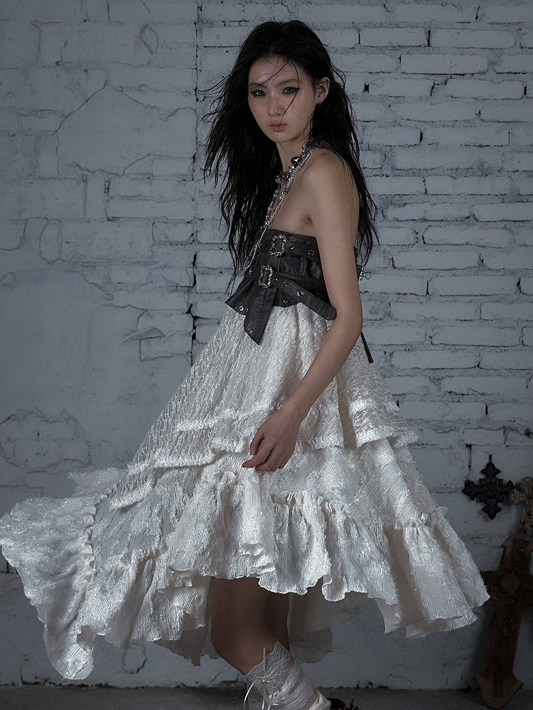 PU Lace Tiered Corset Hem Asymmetrical Convertible Dress/Skirt: Brown with White Strapless 2-in-1 Studded