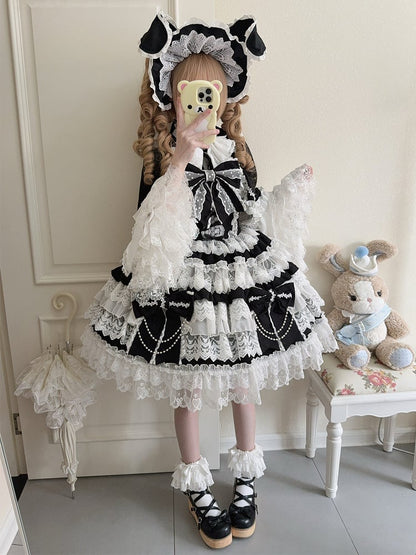 Black Lolita Dress Chain Hanayome Skirt Big Bead Bows Decoration Tiered