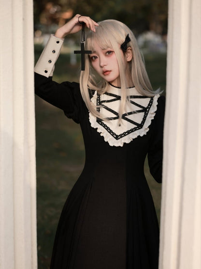 Robe noire élégante à manches Juliette, style lolita, manches longues, une pièce