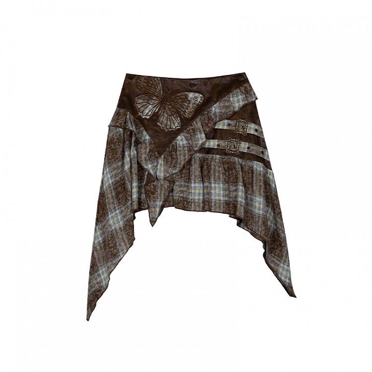 Butterfly Applique Handkerchief Hem Green Plaid Skirt