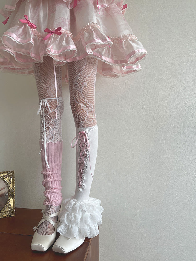 Straps Leg Hollow-out Ruffle Underknee Tights/Pink Warmers/White Cuffs Lace Stockings/Self-tie Lace-up White