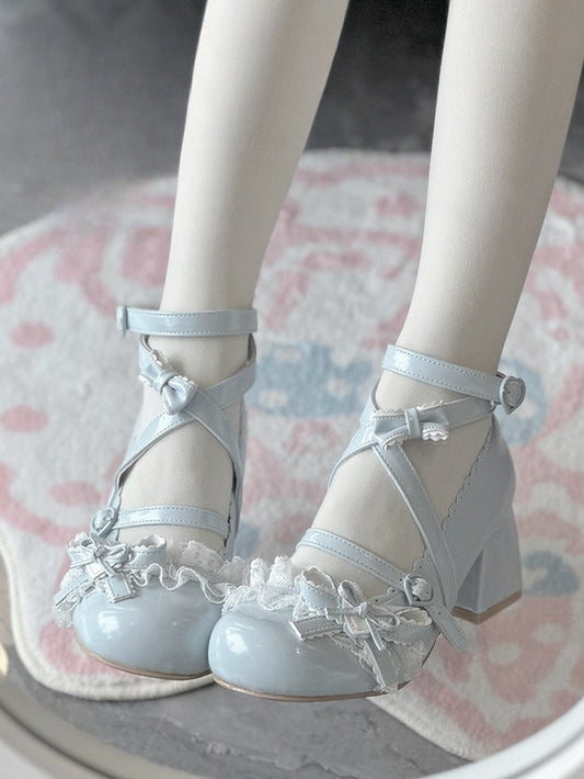Blue at Heart Lace Top Patch Mid Heels Bow Ruffles Lolita