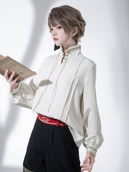 Chinoiserie Stand Ouji Hemd mit Schnürkragen Weiß