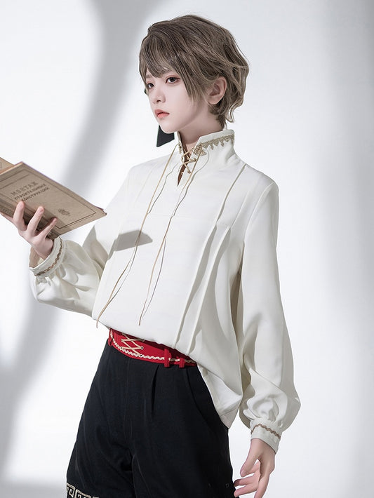 Chinoiserie Stand Ouji Hemd mit Schnürkragen Weiß