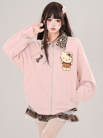 Pink Kitty Leopard Collar Baseball Jacket