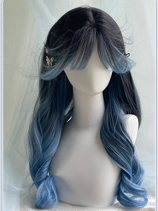 Ombre Blue Bangs Wavy Black Wig 65CM And With Length