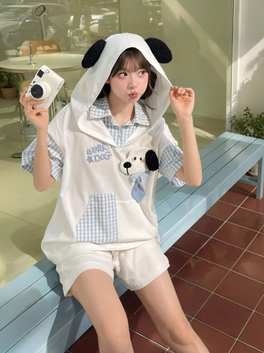 Two-pieces Puppy Ears Design Hood Pattern White and Puppy Faux T-Shirt Blue Plaid