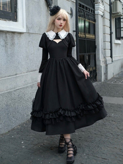 Black Thin Shoulder Straps Scalloped Edge Neckline Classic Lolita Dress