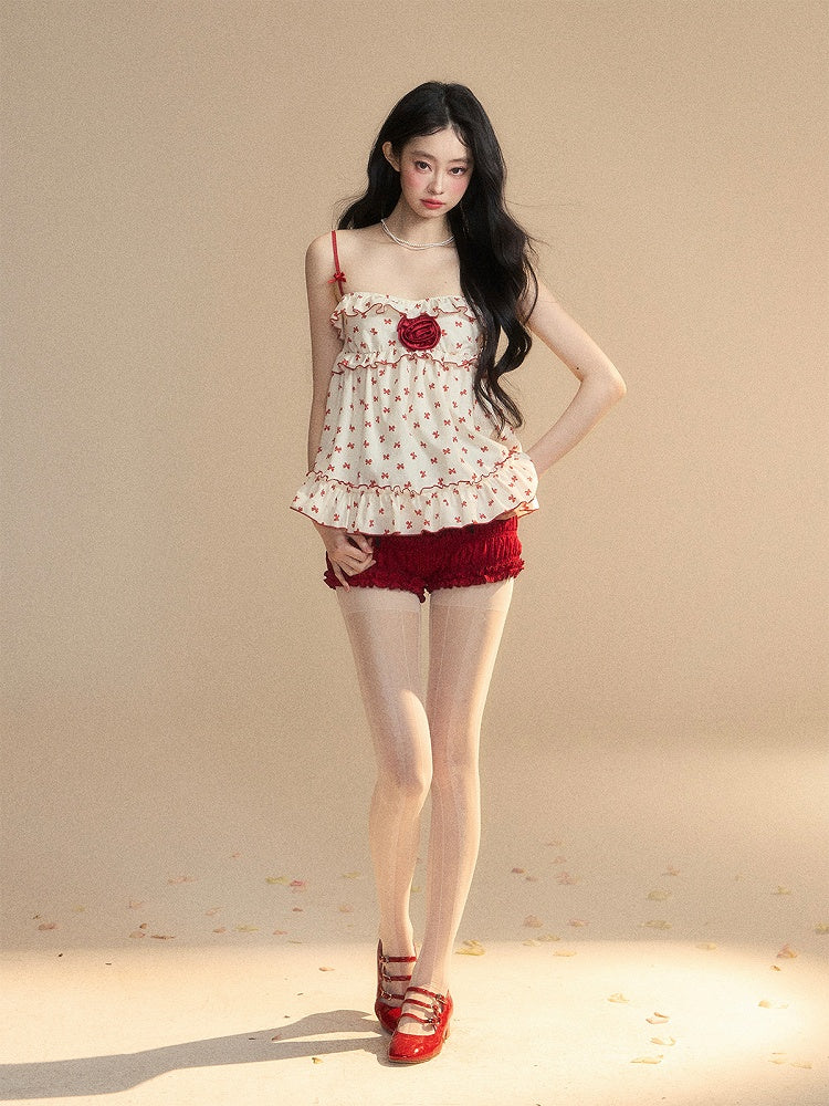 Floral Trim Apricot Ruffled Cami Red Bowknots Print Embellished Top
