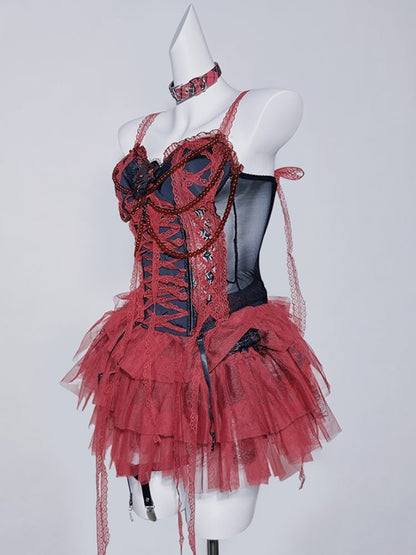 Gothic Black&Red Lace Tiered Skirt