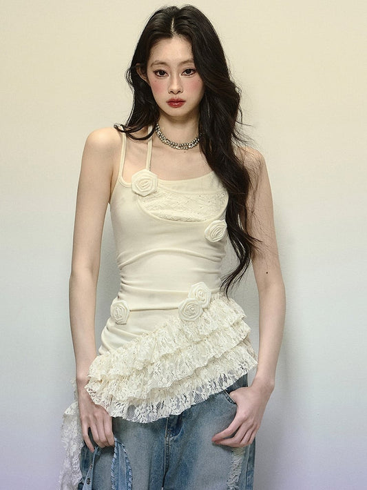 Apricot Floral Embellishments Cami Top with Asymmetrical Tiered Hem