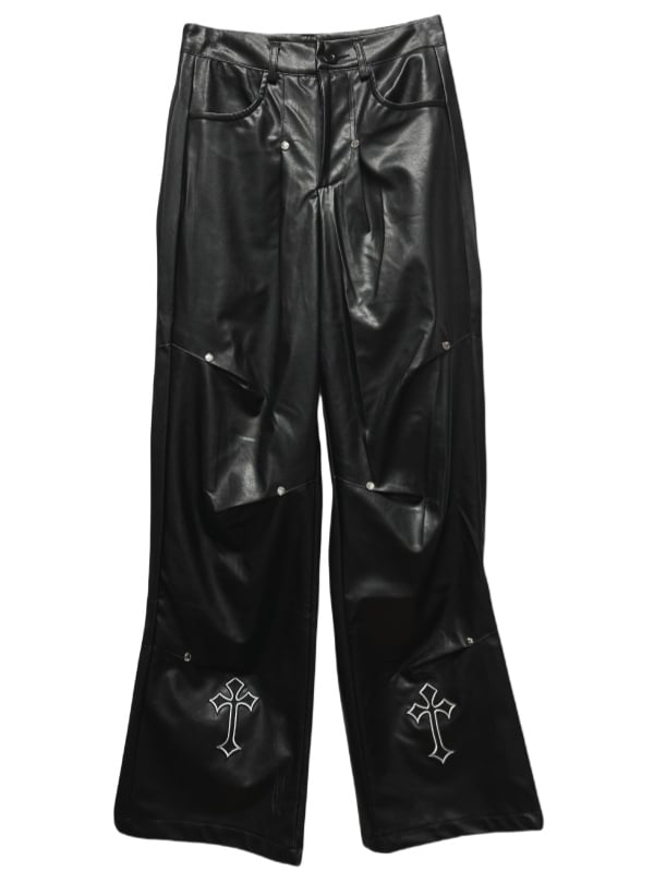 Punk Rock Black Cross Appliques Studs Cargo Pants with Belt