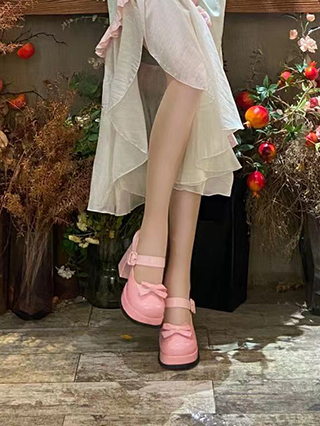Gradient Pink Detachable Bowknot Platform High Block Heels Lolita Shoes
