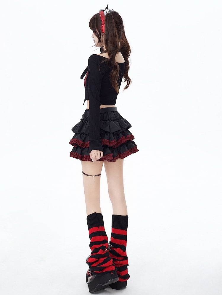 Hem Free with Punk Belt Ruffle Skirt Black Waist Tiered