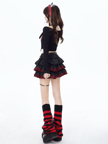 Hem Free with Punk Belt Ruffle Skirt Black Waist Tiered